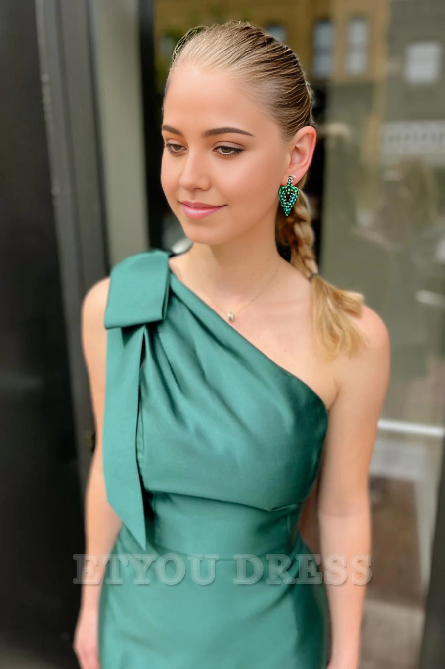 Elegant One Shoulder Bow Satin Pleated Long Green formal dresses evening gown Prom Dress