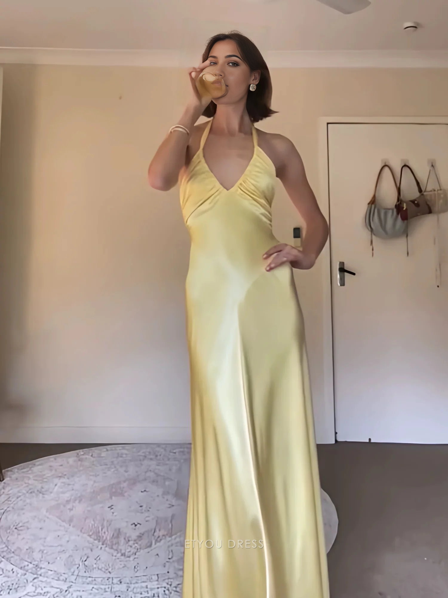 Mermaid Halter Backless Satin Yellow formal dresses Bridesmaid Dresses evening gown Prom Dress