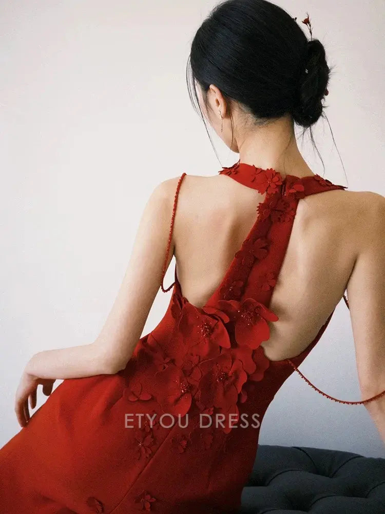 Mermaid Elegant 3d Flowers Red formal dresses Bridesmaid Dresses evening gown Prom Dress