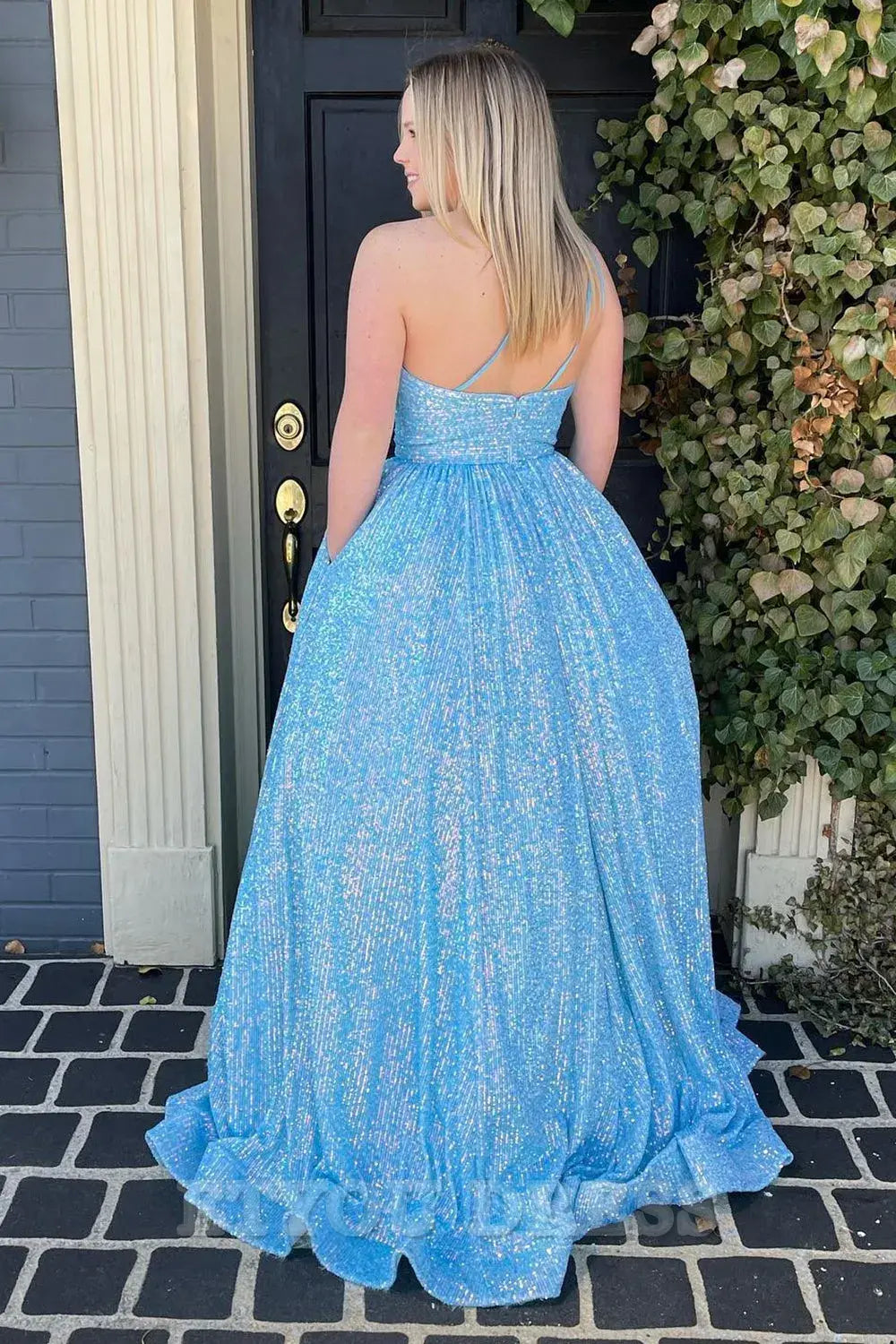 Plus Size A Line Sparkly One Shoulder Sequins Light Blue formal dresses evening gown Prom Dress Homecoming Dress