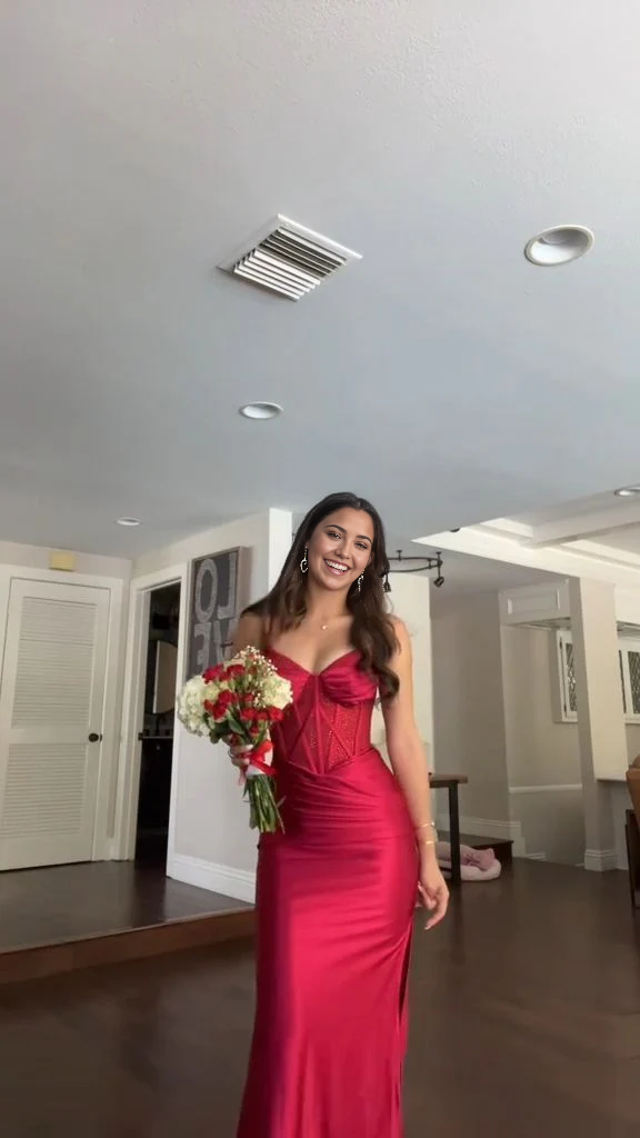 Mermaid Spaghetti Straps Red Satin Red formal dresses Bridesmaid Dresses evening gown Prom Dress