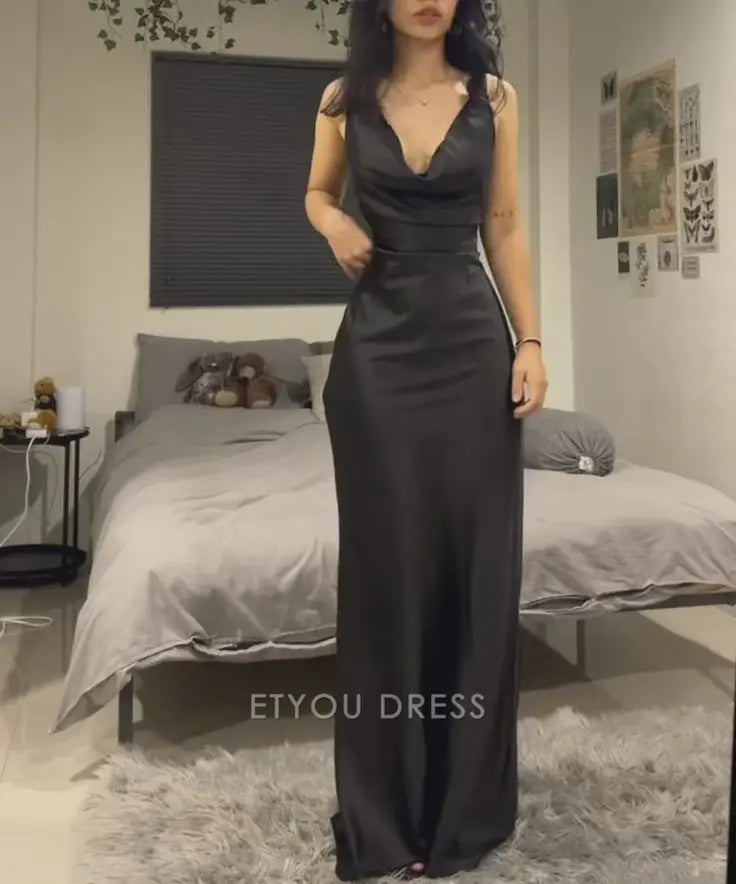 Sheath V-Neck Satin Black formal dresses Bridesmaid Dresses evening gown Prom Dress