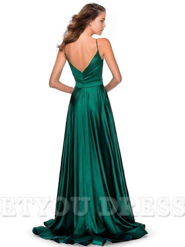 A-Line V-Neck Floor-Length Backless Satin formal dresses evening gown Prom Dress