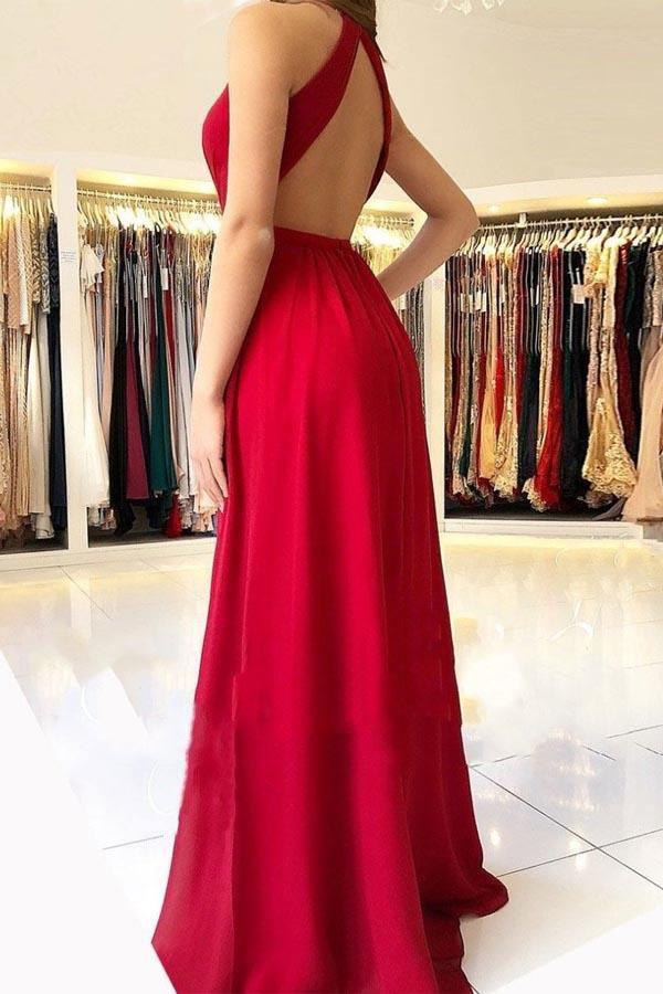 A-line Sexy Chiffon Halter Side Slit Long Evening Prom Dresses