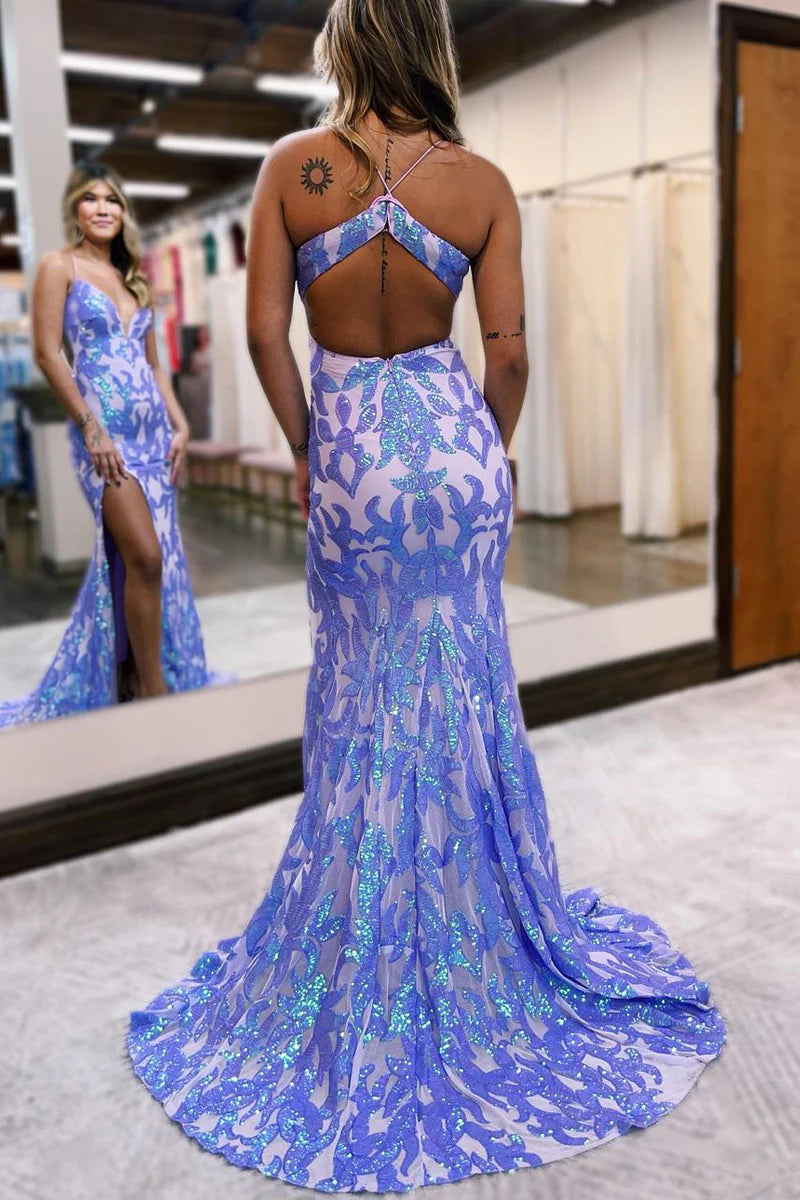 Mermaid Cute V Neck Purple Sequins Long Prom Dresses