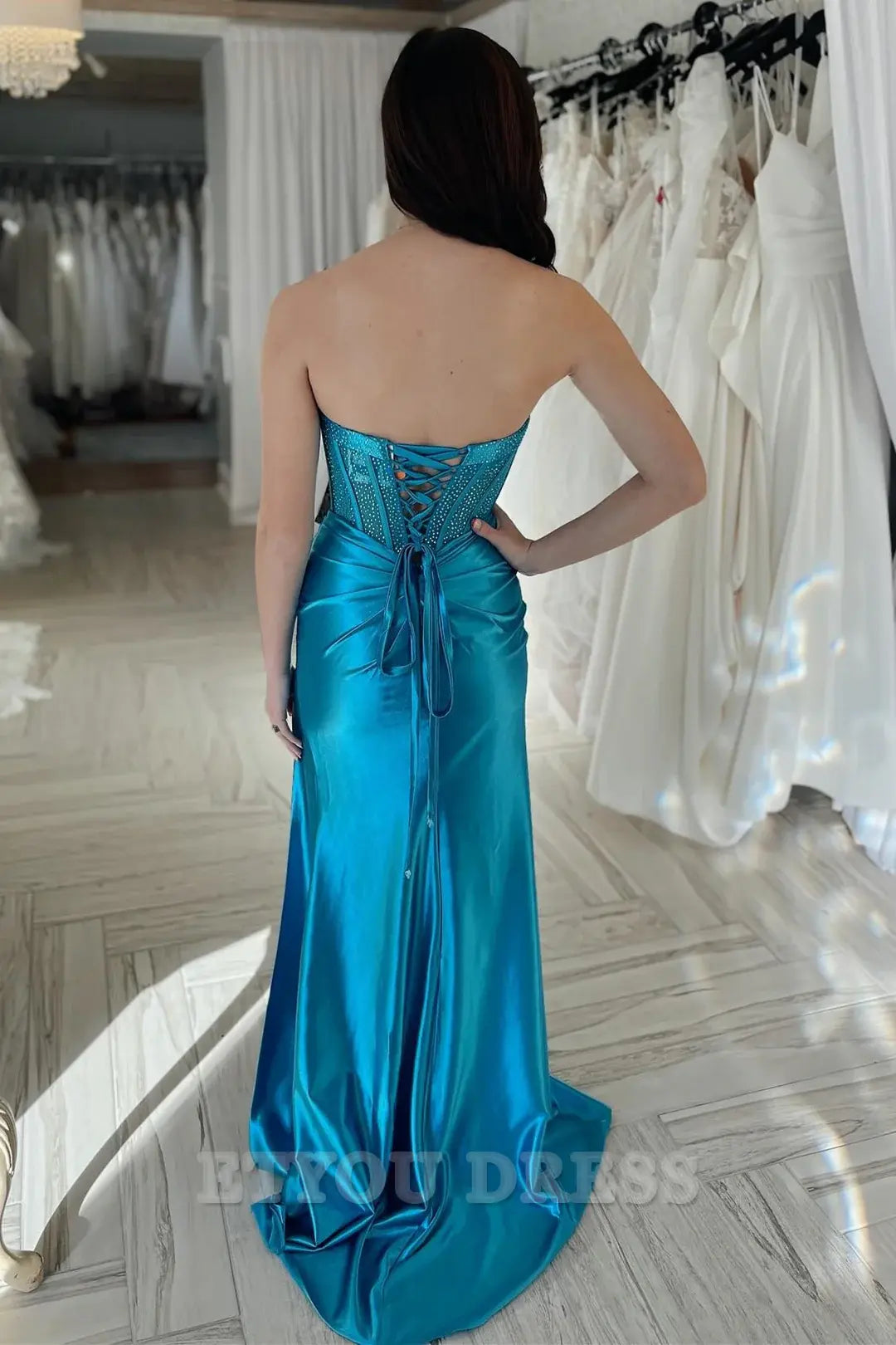 Mermaid Strapless Royal Blue Long formal dresses Bridesmaid Dresses evening gown Prom Dress with Slit