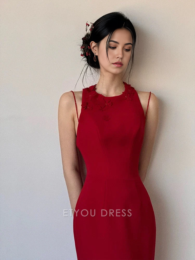 Mermaid Elegant 3d Flowers Red formal dresses Bridesmaid Dresses evening gown Prom Dress