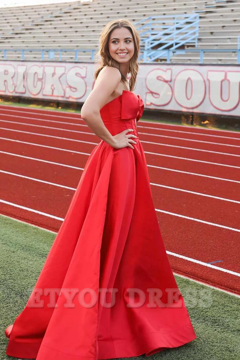 A-Line Strapless Bow Empire-Waist Sleeveless Satin Long formal dresses evening gown Prom Dress