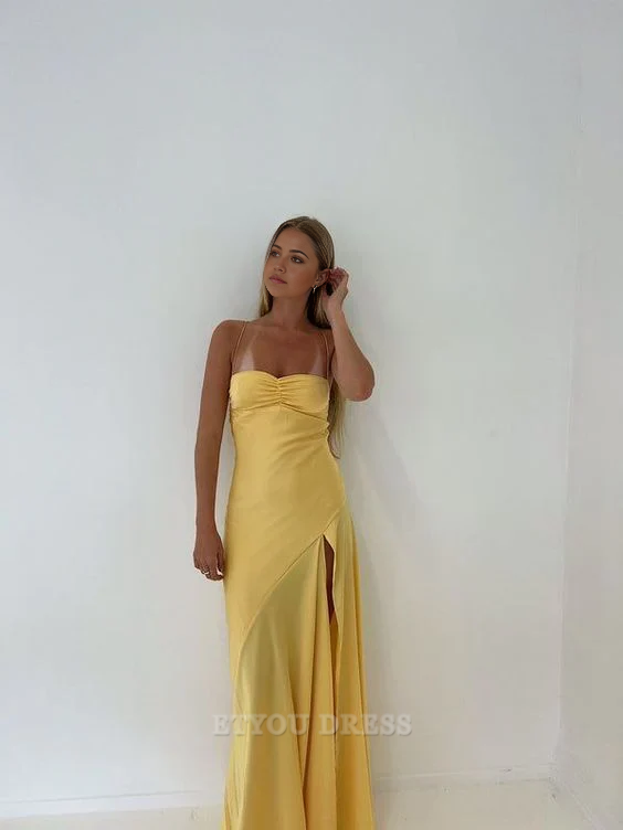 Mermaid Spaghetti Straps Yellow Long formal dresses Bridesmaid Dresses evening gown Prom Dress With Slit
