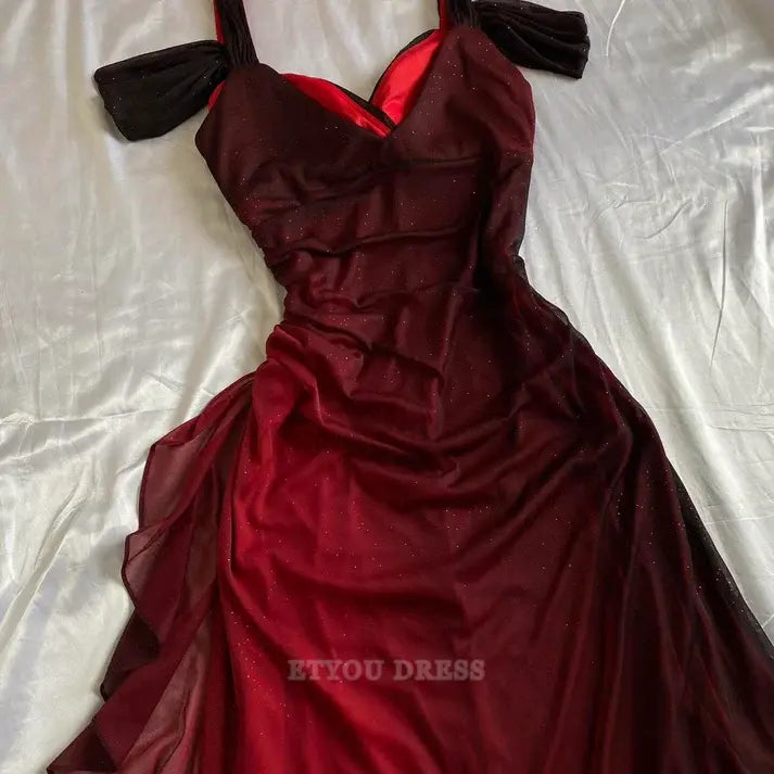 A Line Shiny Ruffled Burgundy Long formal dresses Bridesmaid Dresses evening gown Prom Dress