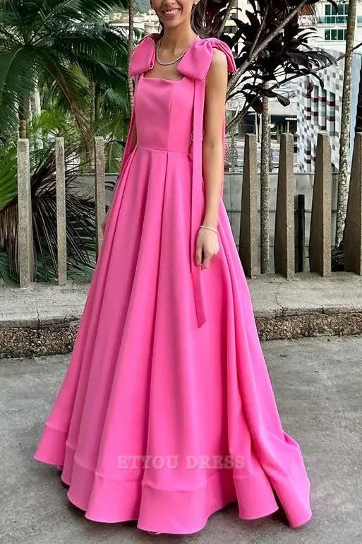 A Line Elegant Square Neck Bows Pink Long formal dresses Bridesmaid Dresses evening gown Prom Dress