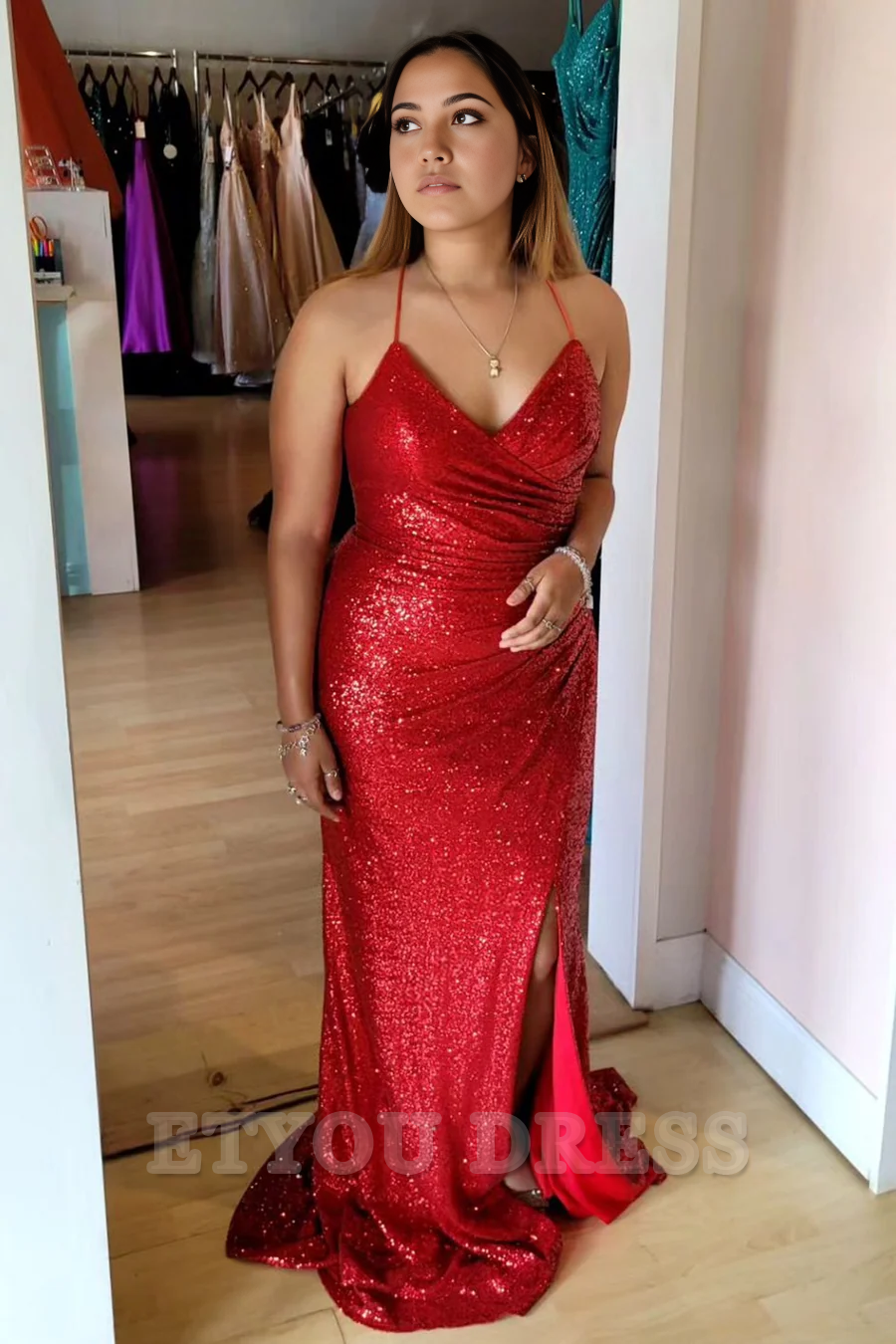 Mermaid V-Neck Sequin Lace-Up Red Long formal dresses Bridesmaid Dresses evening gown Prom Dress with Slit