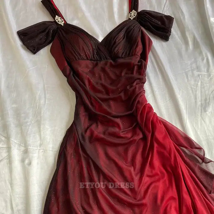 A Line Shiny Ruffled Burgundy Long formal dresses Bridesmaid Dresses evening gown Prom Dress