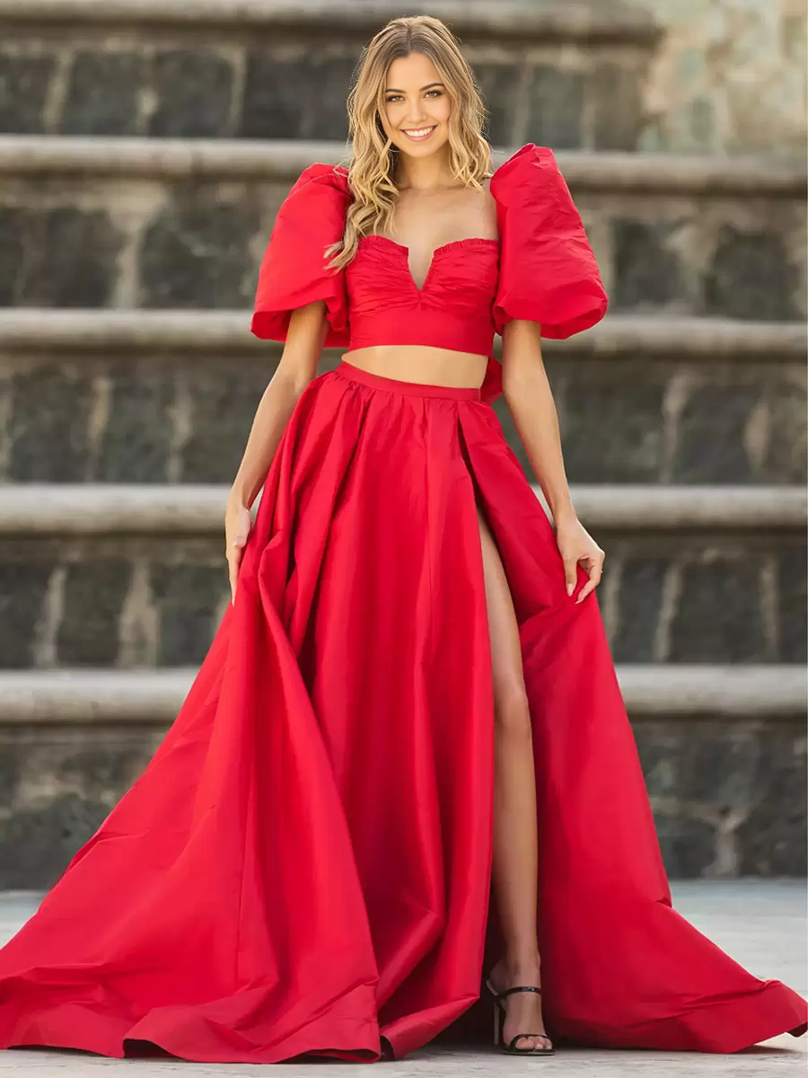 A-line Sweetheart Neck Short Sleeves Split Front formal dresses Bridesmaid Dresses evening gown Prom Dress