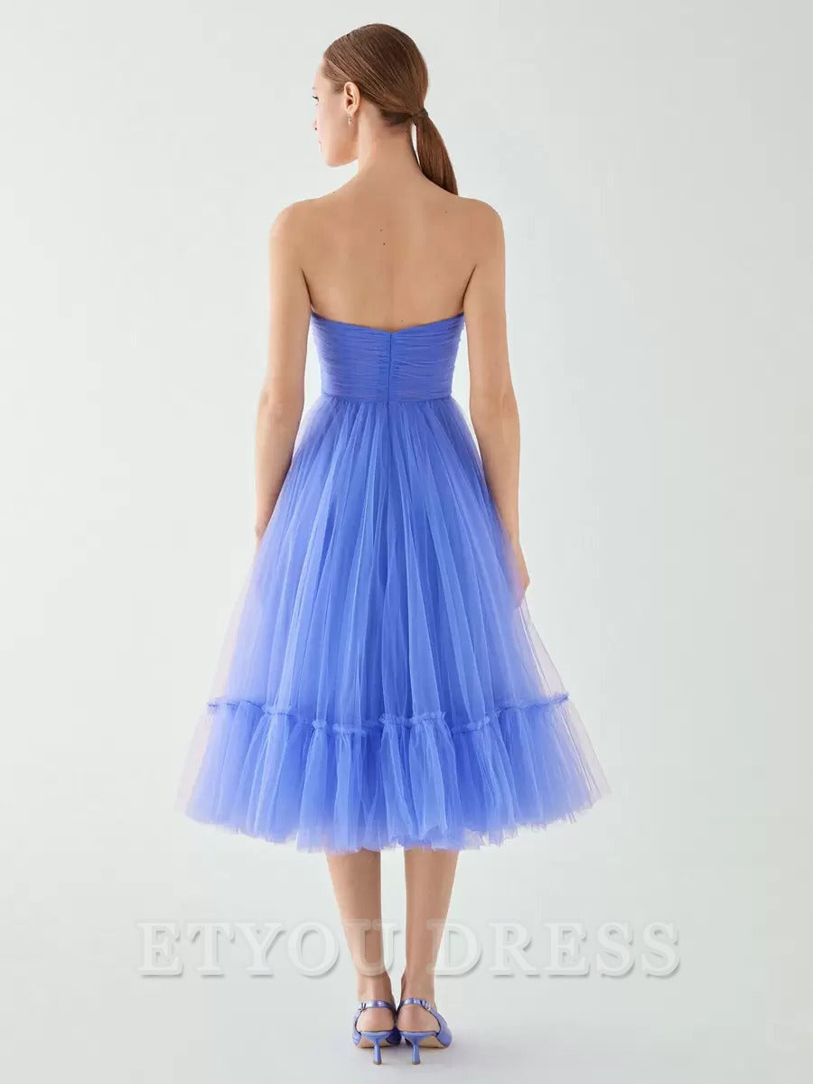 A-line Short Strapless Tea-Length Sleeveless Zipper Pleated Tulle formal dresses Bridesmaid Dresses evening gown Prom Dress