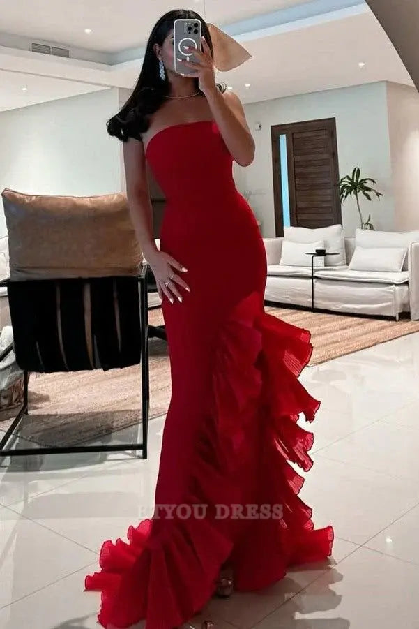 Mermaid Sleeveless Red Strapless Ruffles Long formal dresses Bridesmaid Dresses evening gown Prom Dress