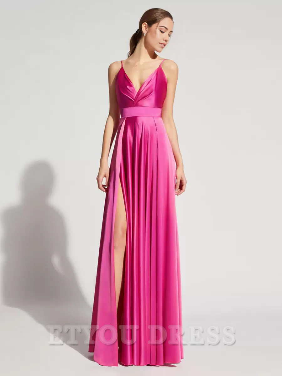 A-Line V-Neck Satin Floor-Length formal dresses Bridesmaid Dresses evening gown Prom Dress