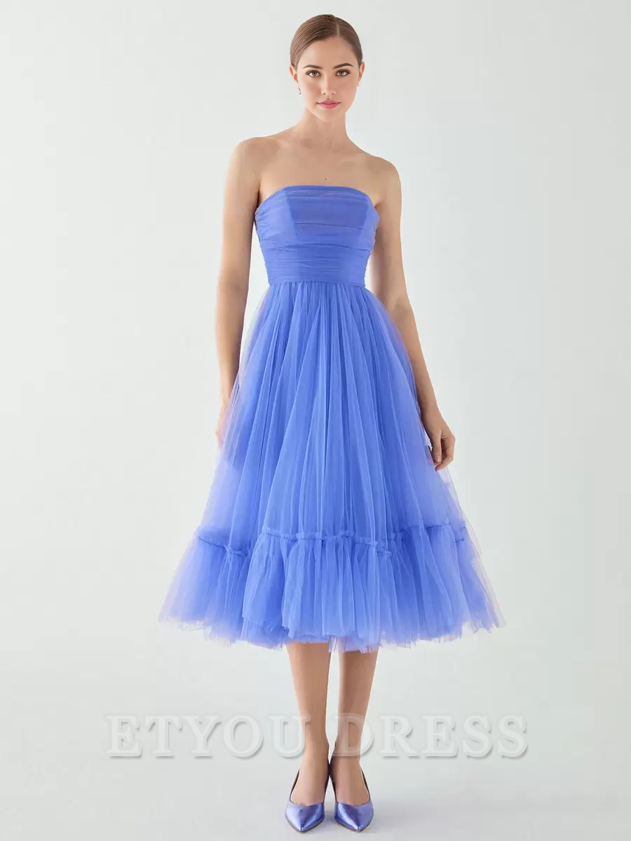 A-line Short Strapless Tea-Length Sleeveless Zipper Pleated Tulle formal dresses Bridesmaid Dresses evening gown Prom Dress