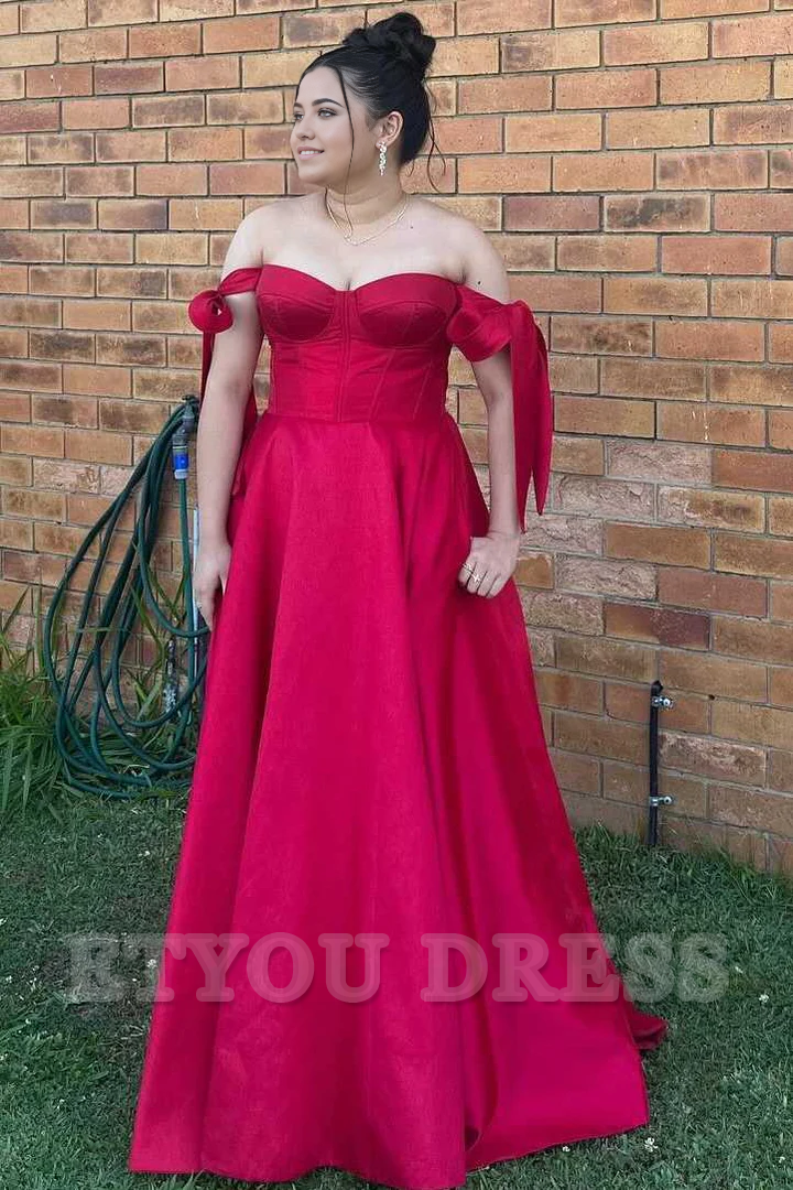 A-Line Off-Shoulder Satin Pleated Red Long formal dresses Bridesmaid Dresses evening gown Prom Dress with Pockets