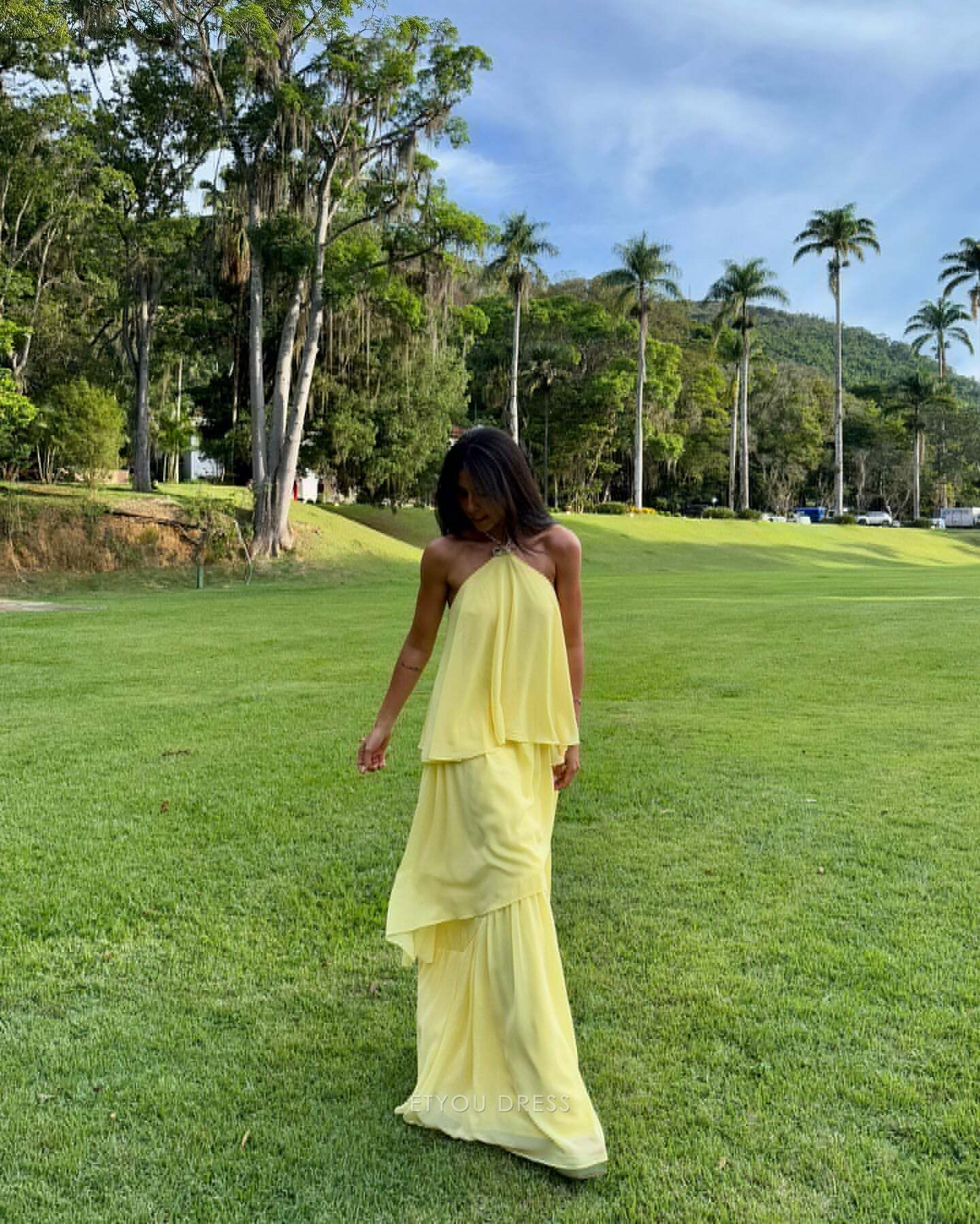 A Line Chiffon Tiered Ruffle Yellow formal dresses Bridesmaid Dresses evening gown Prom Dress