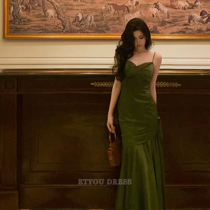 Mermaid Spaghetti Straps Green Satin Long formal dresses Bridesmaid Dresses evening gown Prom Dress
