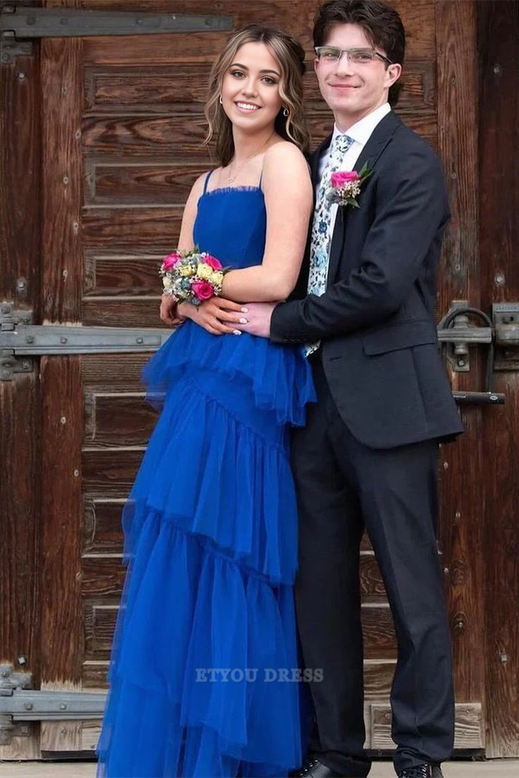 A-line Spaghetti Straps Tiered Tulle Royal Blue formal dresses Bridesmaid Dresses evening gown Prom Dress