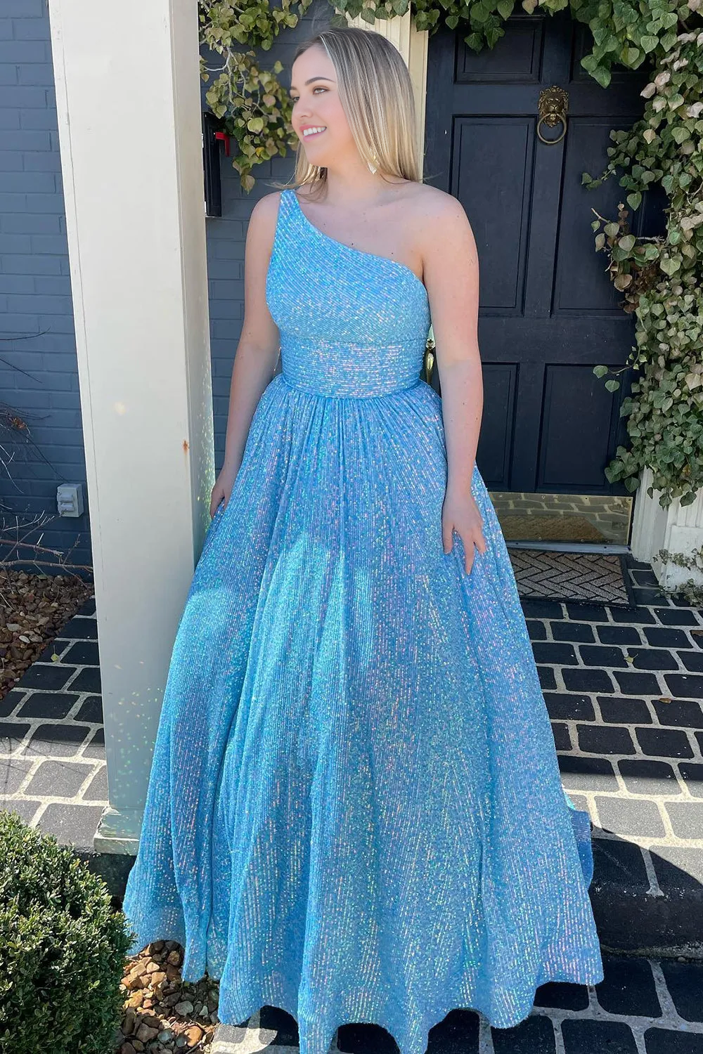 Plus Size A Line Sparkly One Shoulder Sequins Light Blue formal dresses evening gown Prom Dress Homecoming Dress
