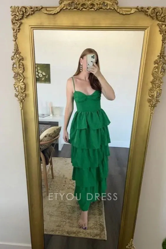 A-line Spaghetti Straps Green Tiered formal dresses Bridesmaid Dresses evening gown Prom Dress