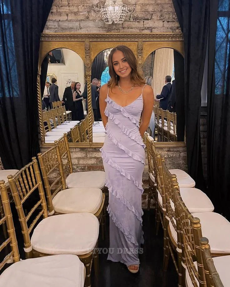 Sheath Spaghetti Straps Ruffles Lavender formal dresses Bridesmaid Dresses evening gown Prom Dress