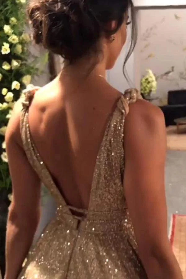 A-line Deep V Backless Sequined Train Long Evening Gown Ball Gown Prom Dresses