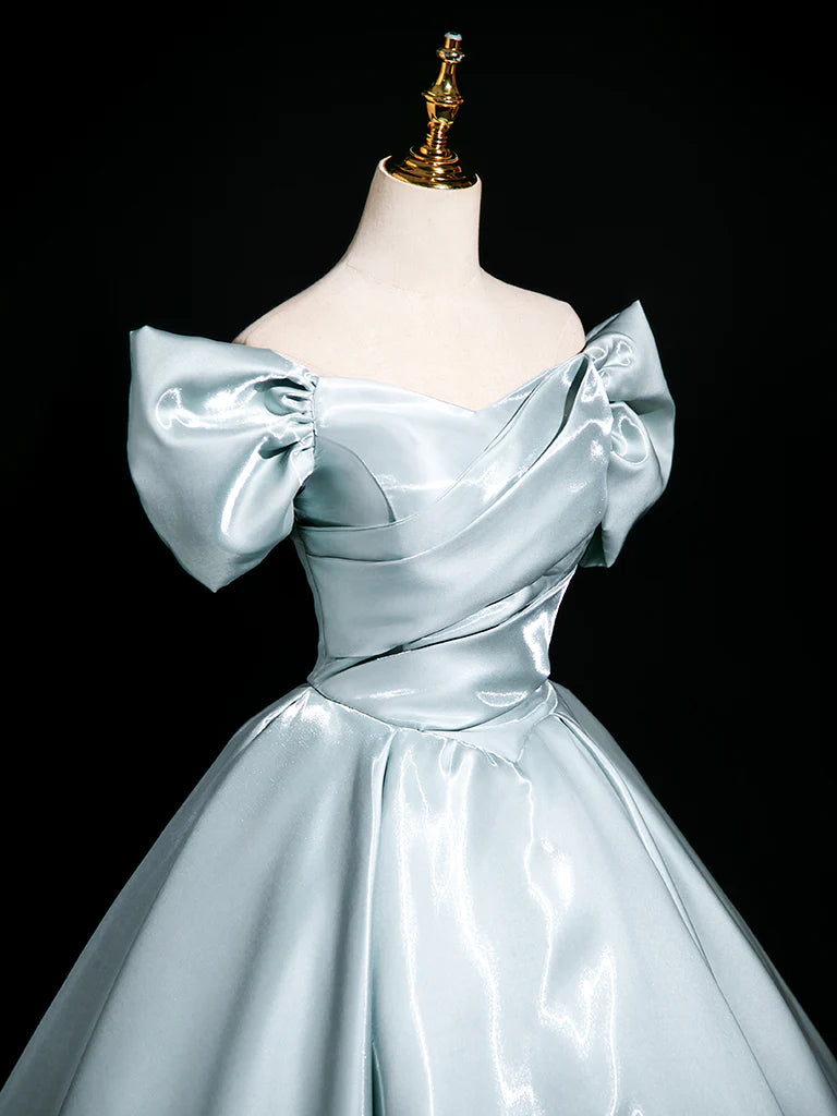 A-Line Off-the-Shoulder Satin Long Prom Dress Blue Lace Up Sweep/Brush Train Formal Dress