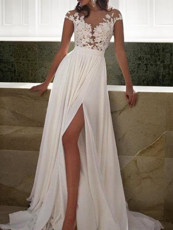 A-Line/Princess Scoop Sweep Train Chiffon Wedding Dresses Lace Appliques With Leg Slit