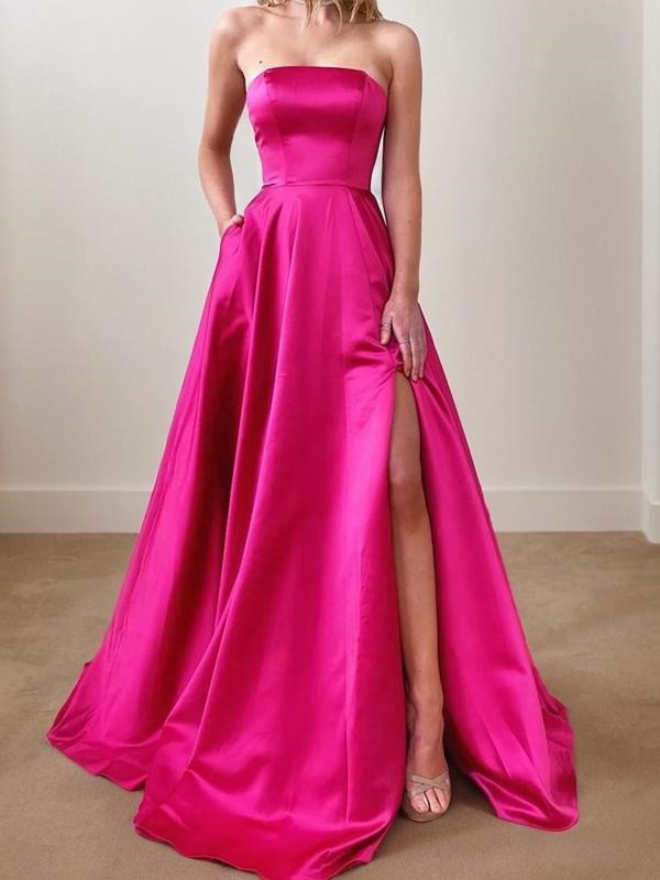 A-Line/Princess Strapless Sweep Train Satin Evening Dresses With Leg Slit Prom Dress