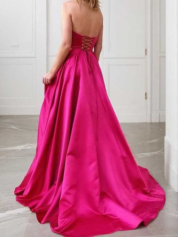 A-Line/Princess Strapless Sweep Train Satin Evening Dresses With Leg Slit Prom Dress