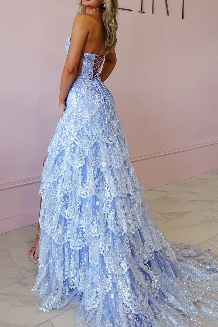 A-Line Sleeveless Strapless Lavender Sequin Lace Ruffle Tiered Long Prom Dresses With Slit