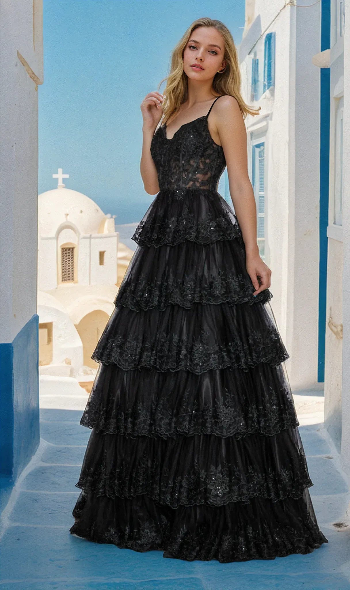 A-Line Spaghetti Strap Sheer Corset Ruffle Tulle Black Floor Length Prom Dress