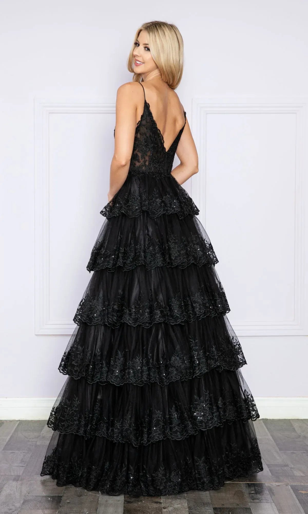 A-Line Spaghetti Strap Sheer Corset Ruffle Tulle Black Floor Length Prom Dress
