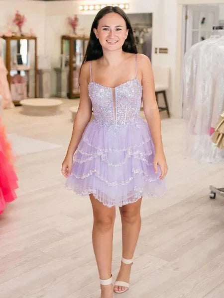 A-Line Spaghetti Straps Sequin Ruffled Lavender Short Homecoming Dress