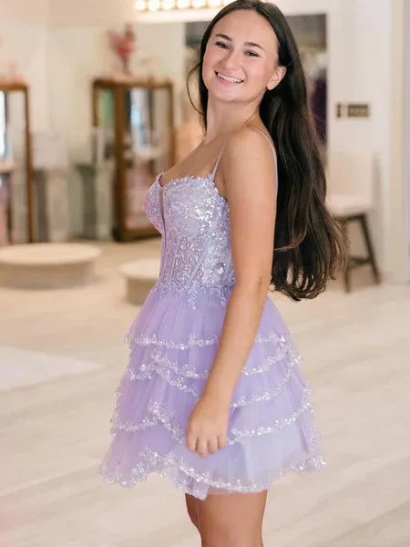 A-Line Spaghetti Straps Sequin Ruffled Lavender Short Homecoming Dress