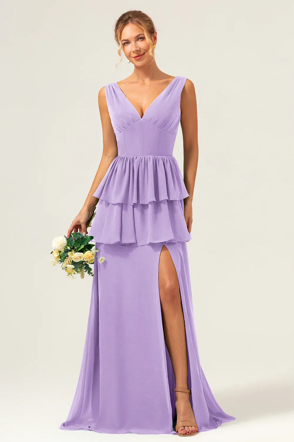 A-Line V-Neck Tiered Rufflee Prom Dress Chiffon Lavender Bridesmaid Dress With Slit