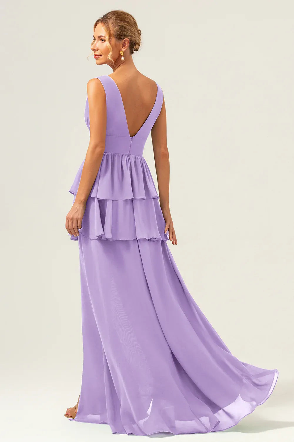 A-Line V-Neck Tiered Rufflee Prom Dress Chiffon Lavender Bridesmaid Dress With Slit