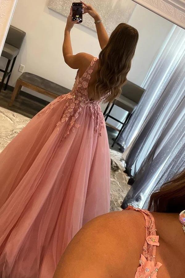A-Line V Neck Tulle Appliques Prom Dress with Slit