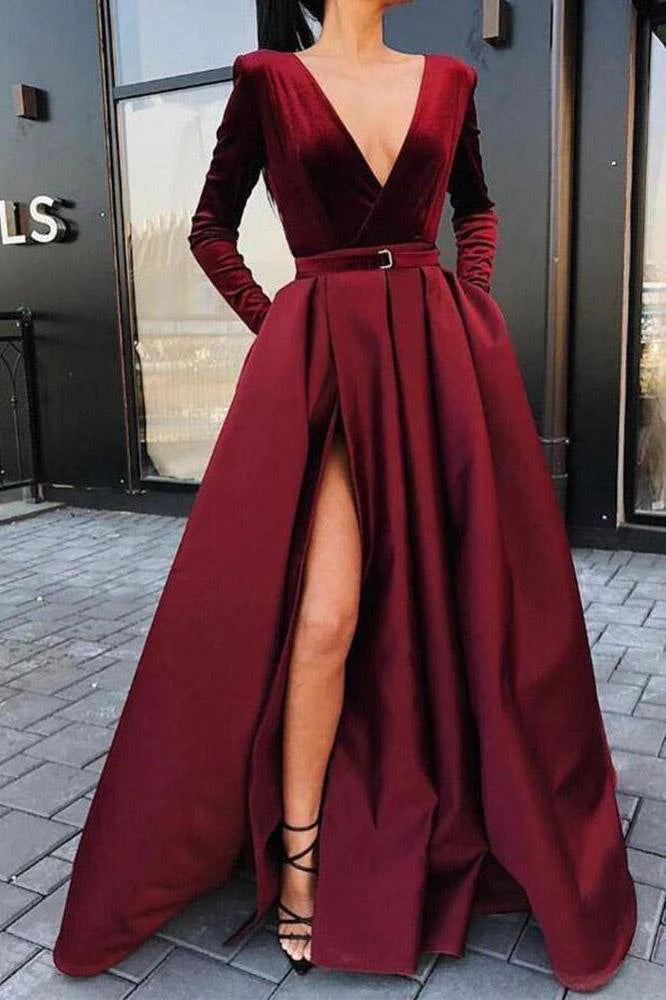 A line Long Sleeve Prom Dresses Satin Deep V Neck High Slit Evening Dress