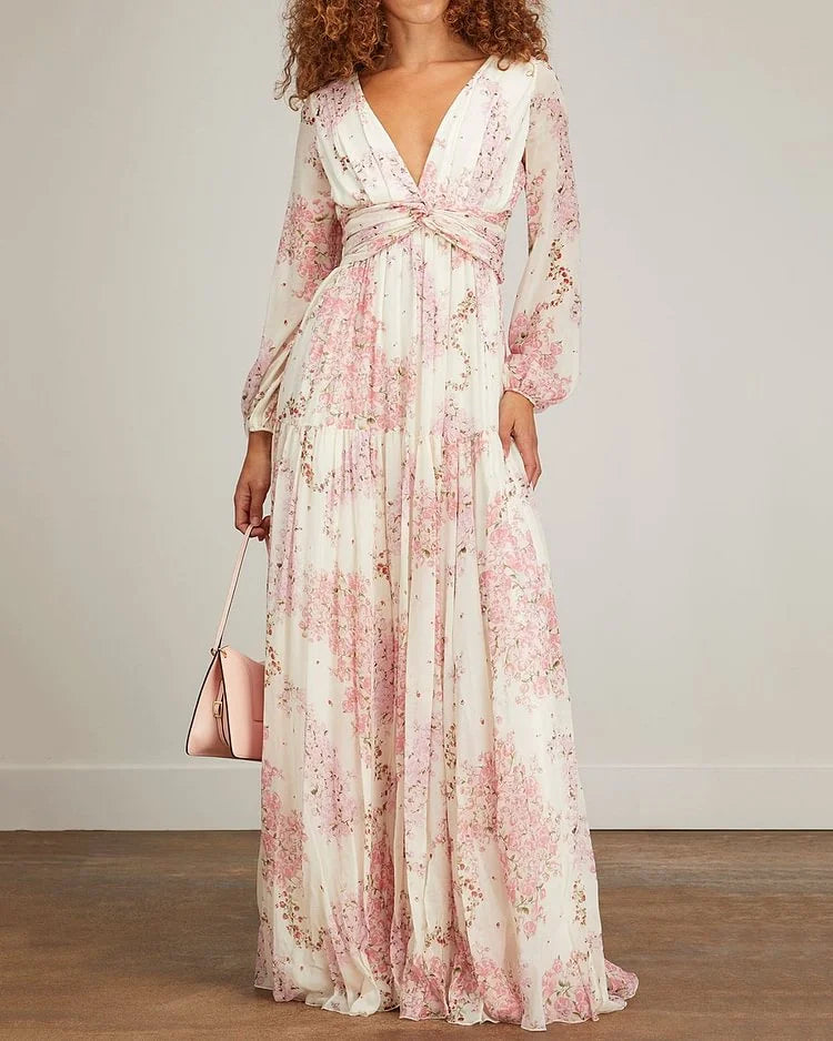 A-line V Neck Long Sleeves Romantic Elegant Cross-Waist Foral Print Maxi Dress Prom Dress