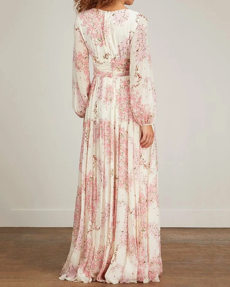 A-line V Neck Long Sleeves Romantic Elegant Cross-Waist Foral Print Maxi Dress Prom Dress