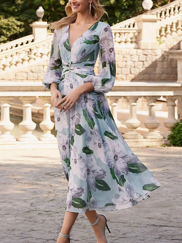 A-line V Neck Long Sleeves Romantic Floral Print Party Holiday Wedding Maxi Dress Prom Dress