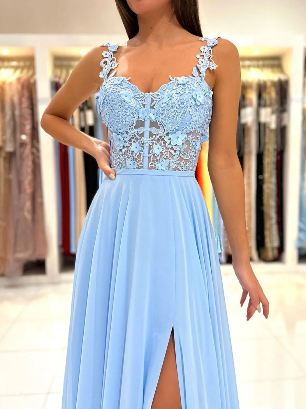 A-Line Chiffon Lace Long Prom Dress