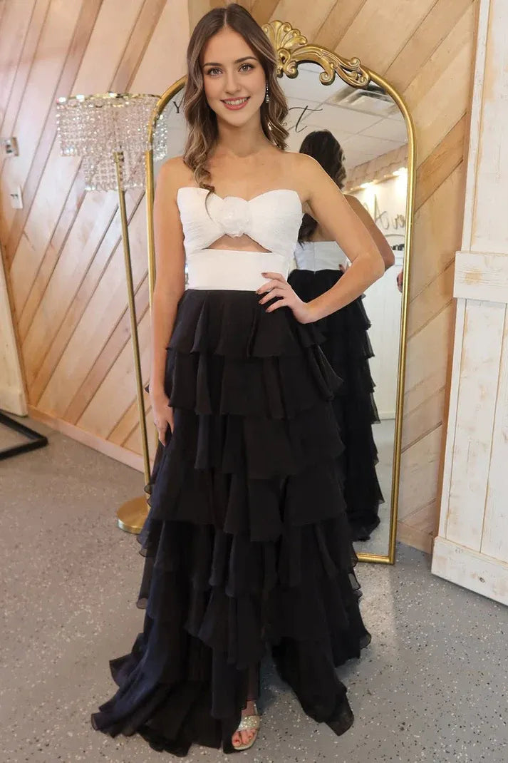 A Line Sheath Strapless Sleeveless Keyhole White Black Chiffon Tiered Floor-Length Prom Dresses