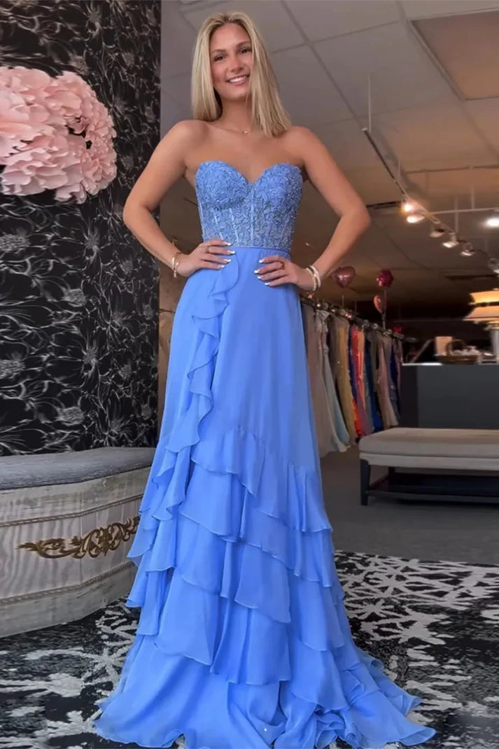 A Line Sweetheart Blue Tiered Sleeveless Long Chiffon Floor-Length Appliques Lace Up Prom Dresses