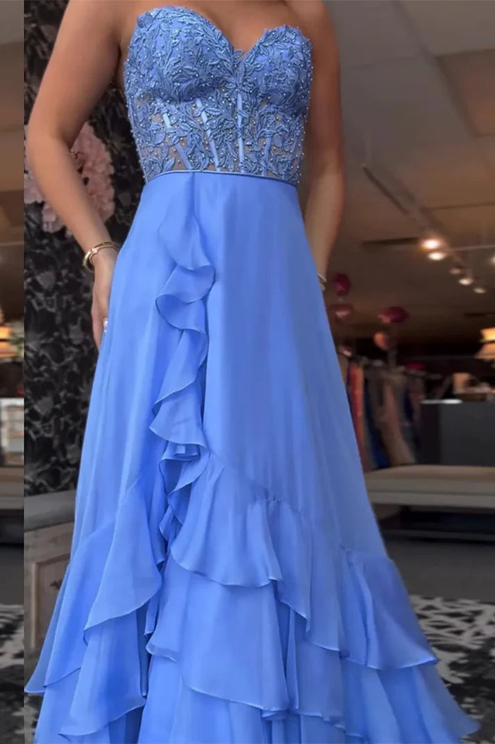 A Line Sweetheart Blue Tiered Sleeveless Long Chiffon Floor-Length Appliques Lace Up Prom Dresses